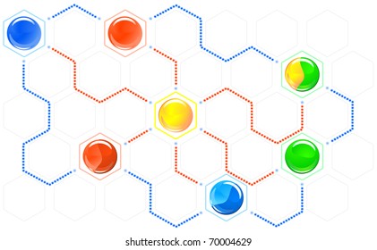 Diagram consisting of colored hexagons and dotted tie lines