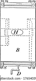 Diagram of corn planter, which has an adjustable dropping feature used to drop corn in the furrow as desired, vintage line drawing or engraving illustration.