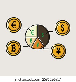 diagram currency of dollar, euro, yen, bitcoin icons vector vintage illustration design