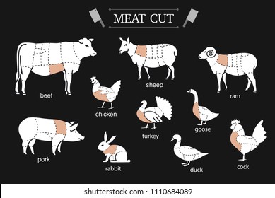 Diagram of cutting meat. Set of vector signs on black background. Ready to use for your design, presentation, promo, adv. EPS10.