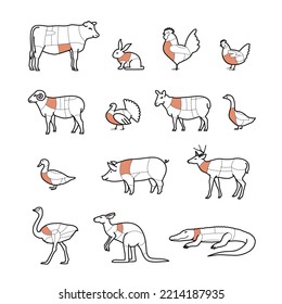 Diagram of cutting meat. Set of vector signs on white background. Ready to use for your design, presentation, promo, adv. EPS10.	