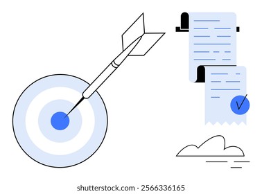 Diagram of a dart hitting the bullseye, checklist on paper with cloud. Ideal for ambition, goal-setting, productivity, planning, achievement. Clean and modern style