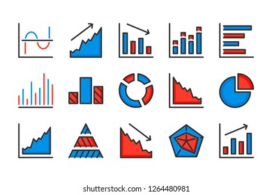 Diagram and data chart color line icons. Graph and statistics vector linear colorful icon set. Isolated icon collection on white background.