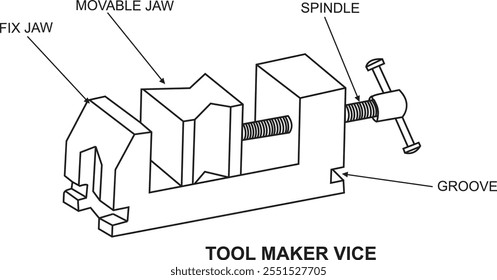 The diagram depicts a tool maker's vice, a specialized type of vise used in precision engineering and toolmaking.