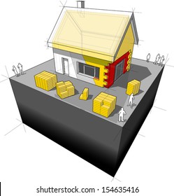 diagram of a detached house with additional wall and roof insulation (another house diagram from the collection, all have the same point of view/angle/perspective, easy to combine)