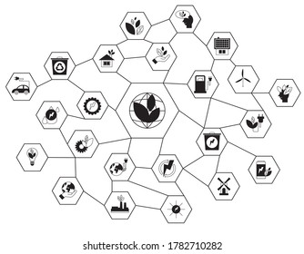 diagram with ecological icons. Flat vector illustration. Concept of environmental protection and green energy. Green technology.