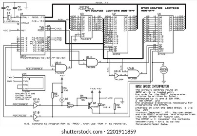 Diagram of an electrical digital
data output device to a terminal operating under the control of 
microcontroller 8052.
Drawing of an electronic device that uses a register and memory chips RAM, EPROM