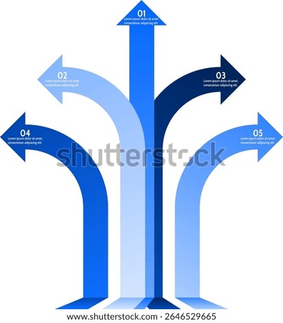 A diagram of five blue ascending arrows, the center one pointing upwards, with the others slanting to the left and right