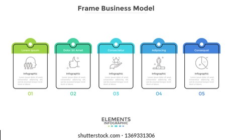 Diagram with five cards or rectangular frames placed in horizontal row. Business model with 5 stages of progressive development. Flat infographic design layout. Vector illustration for presentation.