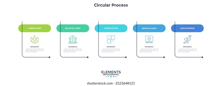 Diagramm mit fünf Karten oder rechteckigen Rahmen in horizontaler Reihe. Geschäftsmodell mit 5 Stufen progressiver Entwicklung. Flaches Infografik-Design. Vektorgrafik für die Präsentation.