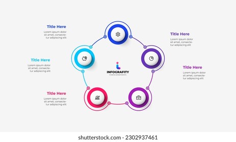 Diagram with five circles connected by thin lines. Template for cycle business presentation. Vector infographic design illustration with 5 options