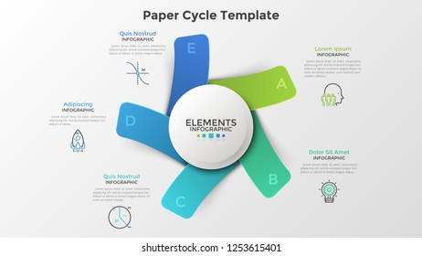 Diagram with five paper colorful rectangles or cards placed around white round element. Modern infographic design template. Trendy vector illustration for 5-stepped business project, cyclical process.