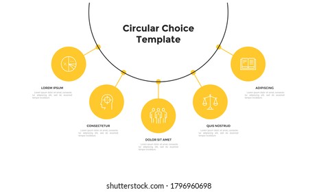 Diagram with five round elements connected to main circle. Concept of 5 business options or features to choose. Modern flat infographic design template. Minimal vector illustration for presentation.