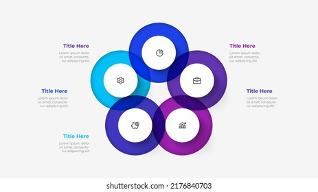 Diagram with five steps. Slide for business presentation. Cycle infographic element divided into 5 options.