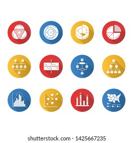 Diagram flat design long shadow glyph icons set. Schematic representation of info. Statistics data visualization. Science, computer technologies, business, finance. Vector silhouette illustration
