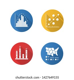 Diagram flat design long shadow glyph icons set. Histogram, bar graph, scatter plot, cartogram. Statistics data visualization. Analytical information. Vector silhouette illustration