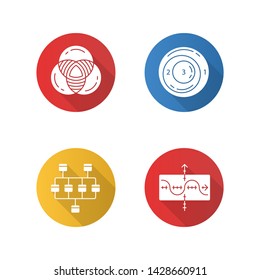 Diagram flat design long shadow glyph icons set. Data graphic visualization. Statistical analysis. Marketing analysis. Science, computer technologies, business, finance. Vector silhouette illustration