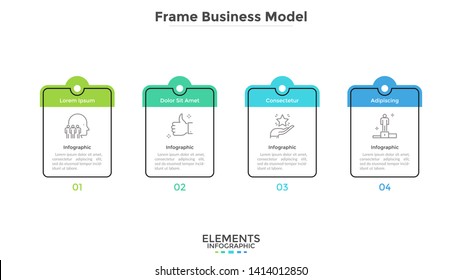 Diagram with four cards or rectangular frames placed in horizontal row. Business model with 4 stages of progressive development. Flat infographic design layout. Vector illustration for presentation.