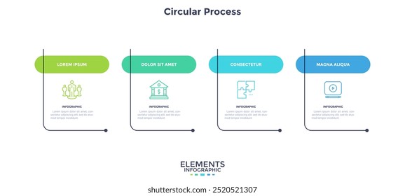 Diagram with four cards or rectangular frames placed in horizontal row. Business model with 4 stages of progressive development. Flat infographic design layout. Vector illustration for presentation.