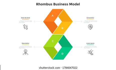 Diagram with four colorful rhombus-like elements. Concept of 4 steps of marketing strategy. Simple infographic design template. Modern flat vector illustration for business information visualization.