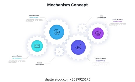 Diagrama con cuatro ruedas dentadas blancas de papel. Concepto de 4 características del proyecto de fabricación innovador. Mínima Plantilla de diseño de infografía. Moderna Ilustración vectorial plana para presentación, Anuncio.