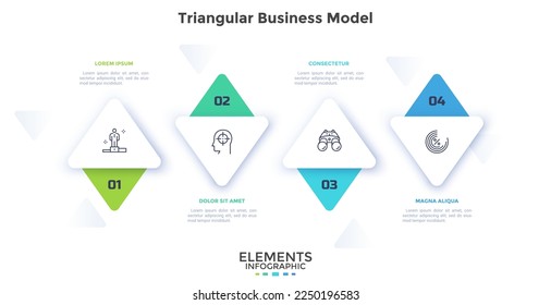 Diagrama con cuatro elementos triangulares o flechas colocadas en fila horizontal. Concepto de 4 características de la visión empresarial. Plantilla sencilla de diseño infográfico. Ilustración vectorial plana para presentación.