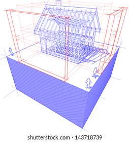 diagram of a framework construction of a detached house with 3D dimensions