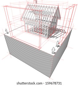 diagram of a framework construction of a detached house with 3D dimensions