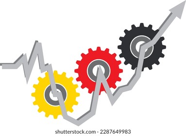 Diagrama con marchas y flecha hacia arriba. La recuperación económica y social en Alemania. La crisis económica y el auge económico en Alemania.