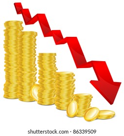 Diagram of golden coins and red arrow down on white background, vector illustration