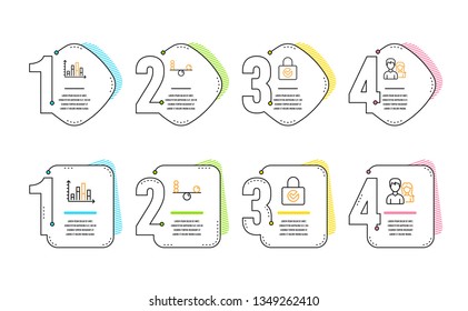 Diagram graph, Balance and Password encryption icons simple set. Couple sign. Presentation chart, Concentration, Protection locker. Male and female. Infographic timeline. Line diagram graph icon