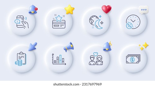 Gráfico de diagrama, iconos de línea de banca y suspensión. Botones con timbre 3d, discurso de chat, cursor. Paquete de porcentaje de préstamo, contabilidad, icono de tarjeta de fidelidad. Centro de llamadas, pictograma de amor de pareja. Vector