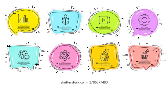 Diagram graph, Brand ambassador and Atom signs. Speech bubbles with quotes. Globe, Video camera and Recovery gear line icons set. Gluten free, Friendship symbols. Vector