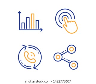 Diagram graph, Call center and Click icons simple set. Share sign. Presentation chart, Recall, Cursor pointer. Follow network. Linear diagram graph icon. Colorful design set. Vector