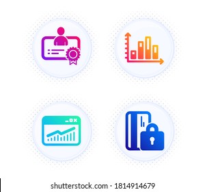 Diagram Graph, Certificate And Website Statistics Icons Simple Set. Button With Halftone Dots. Blocked Card Sign. Presentation Chart, Best Employee, Data Analysis. Private Money. Vector