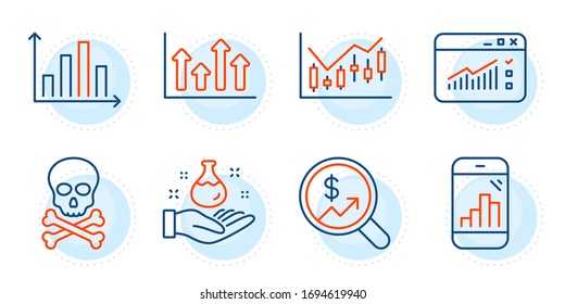 Diagram graph, Chemical hazard and Graph phone signs. Upper arrows, Chemistry lab and Currency audit line icons set. Web traffic, Financial diagram symbols. Growth infochart, Laboratory. Vector