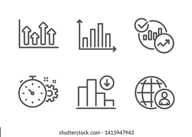 Diagram graph, Cogwheel timer and Upper arrows icons simple set. Statistics, Decreasing graph and International recruitment signs. Presentation chart, Engineering tool. Science set. Vector
