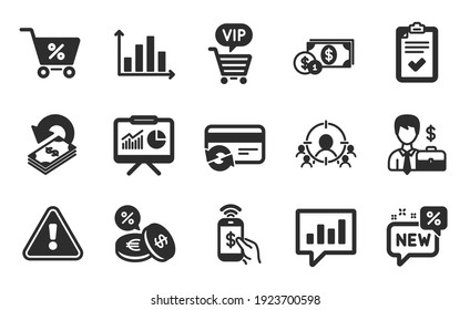 Diagram graph, Dollar money and Phone payment icons simple set. Checklist, Presentation and Vip shopping signs. Business targeting, Analytical chat and Special offer symbols. Flat icons set. Vector