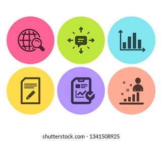 Diagram graph, Edit document and Sms icons simple set. Internet search, Report checklist and Stats signs. Presentation chart, Page with pencil. Education set. Flat diagram graph icon. Circle button