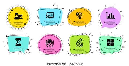 Diagram graph, Hypoallergenic tested and Safe time line icons set. Chat bubbles with quotes. Report statistics, Puzzle and Success business signs. Time symbol. Presentation chart, Feather. Vector