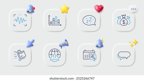 Gráfico de diagrama, ícones do Messenger e da linha de repouso. Botões com sino 3d, fala de bate-papo, cursor. Pacote de Spanner, Engenharia global, ícone Verificar investimento. Carrinho de inventário, Pictograma de onda de voz. Vetor