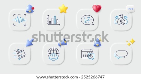 Diagram graph, Messenger and Sleep line icons. Buttons with 3d bell, chat speech, cursor. Pack of Spanner, Global engineering, Check investment icon. Inventory cart, Voice wave pictogram. Vector