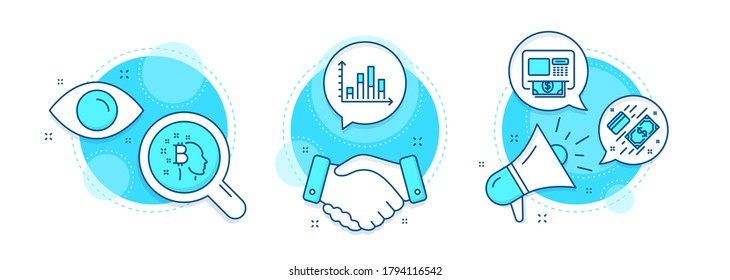 Diagram graph, Payment and Bitcoin think line icons set. Handshake deal, research and promotion complex icons. Atm sign. Presentation chart, Money, Cryptocurrency head. Money withdraw. Vector