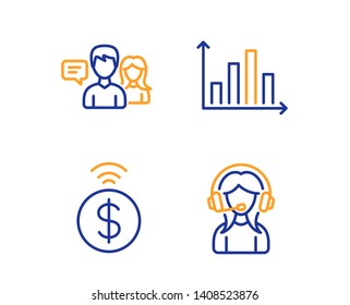 Diagram graph, People talking and Contactless payment icons simple set. Support sign. Presentation chart, Contact service, Financial payment. Call center. Business set. Linear diagram graph icon