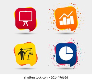 Diagram graph Pie chart icon. Presentation billboard symbol. Man standing with pointer sign. Speech bubbles or chat symbols. Colored elements. Vector
