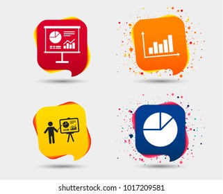 Diagram graph Pie chart icon. Presentation billboard symbol. Supply and demand. Man standing with pointer. Speech bubbles or chat symbols. Colored elements. Vector