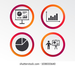 Diagram graph Pie chart icon. Presentation billboard symbol. Supply and demand. Man standing with pointer. Infographic design buttons. Circle templates. Vector