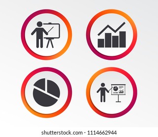 Diagram graph Pie chart icon. Presentation billboard symbol. Man standing with pointer sign. Infographic design buttons. Circle templates. Vector