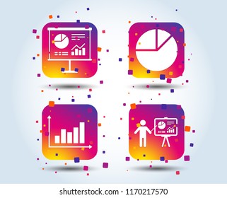 Diagram graph Pie chart icon. Presentation billboard symbol. Supply and demand. Man standing with pointer. Colour gradient square buttons. Flat design concept. Vector