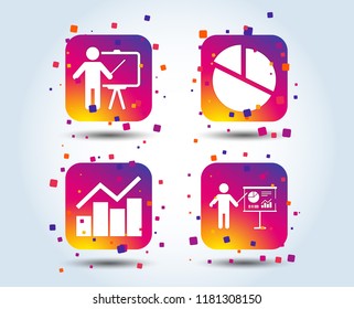 Diagram graph Pie chart icon. Presentation billboard symbol. Man standing with pointer sign. Colour gradient square buttons. Flat design concept. Vector